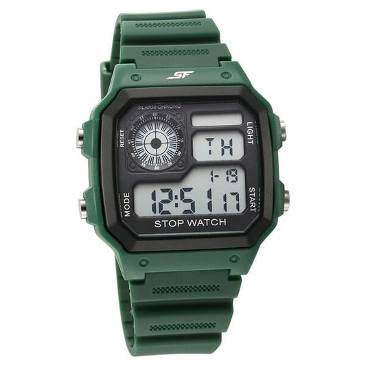 Green digital watch with a white background