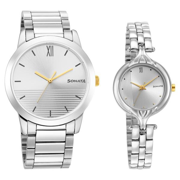 Sonata 7712587040BM01 Silver Dial Stainless Steel Couple’s Analog Watch Set
