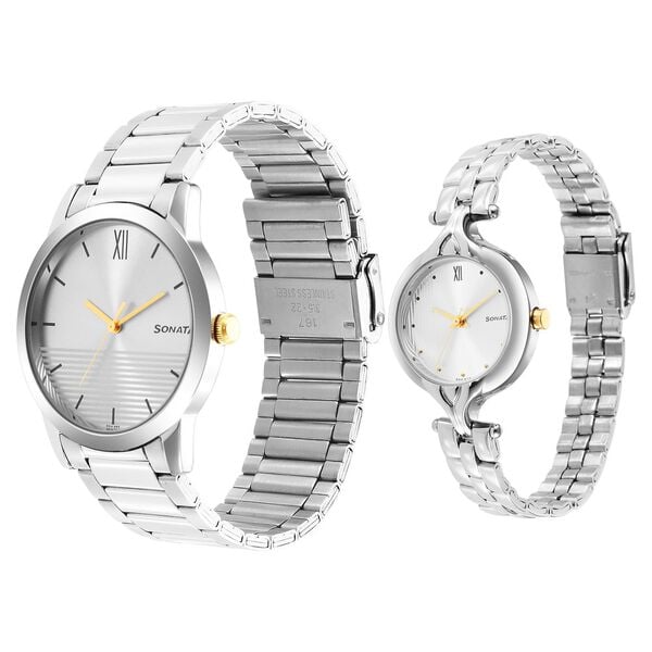 Sonata 7712587040BM01 Silver Dial Stainless Steel Couple’s Analog Watch Set