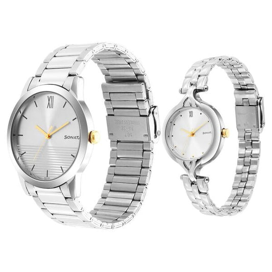 Sonata 7712587040BM01 Silver Dial Stainless Steel Couple’s Analog Watch Set