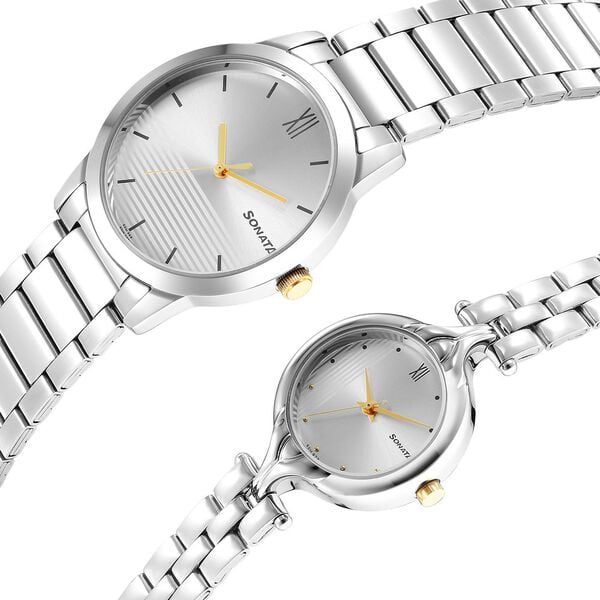 Sonata 7712587040BM01 Silver Dial Stainless Steel Couple’s Analog Watch Set