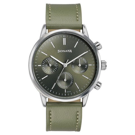 Sonata 77139SL02 Multifunction Quartz Analog Green Dial Green Leather Strap Watch for Men