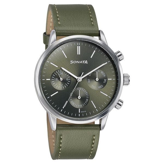 Sonata 77139SL02 Multifunction Quartz Analog Green Dial Green Leather Strap Watch for Men