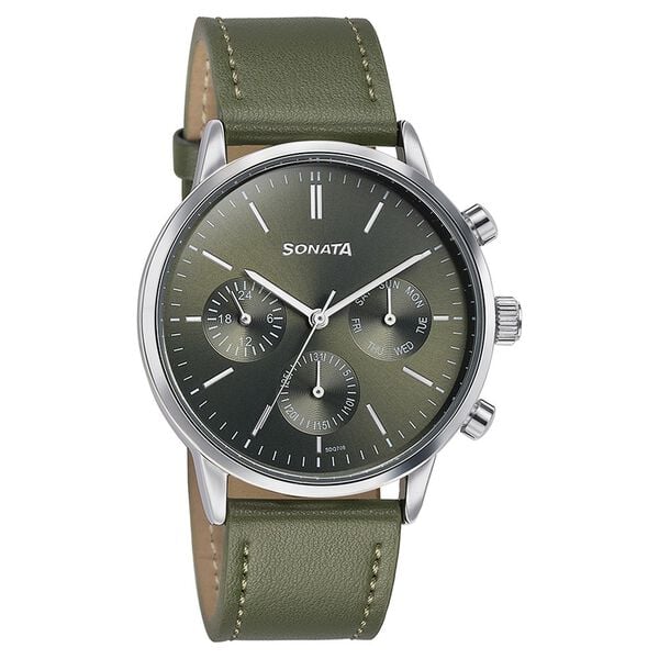 Sonata 77139SL02 Multifunction Quartz Analog Green Dial Green Leather Strap Watch for Men
