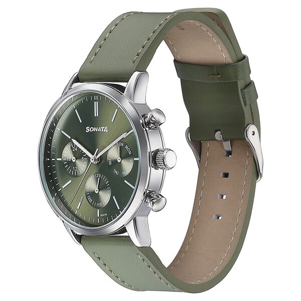 Sonata 77139SL02 Multifunction Quartz Analog Green Dial Green Leather Strap Watch for Men
