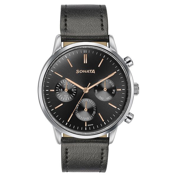 Sonata 77139SL03 Quartz Multifunction Analog Black Dial Black Leather Strap Watch for Men