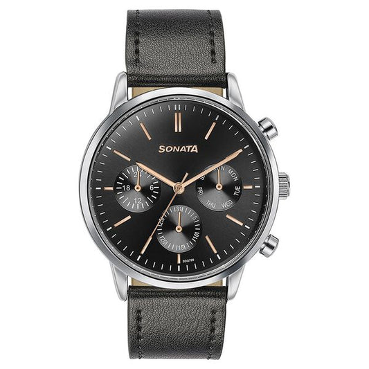 Sonata 77139SL03 Quartz Multifunction Analog Black Dial Black Leather Strap Watch for Men