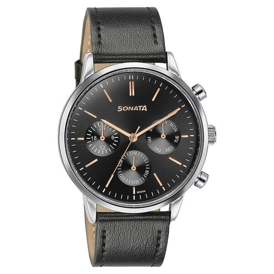 Sonata 77139SL03 Quartz Multifunction Analog Black Dial Black Leather Strap Watch for Men