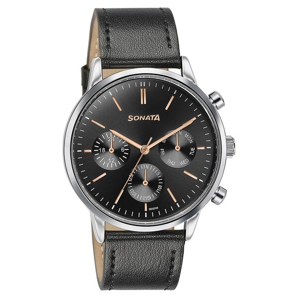 Sonata 77139SL03 Quartz Multifunction Analog Black Dial Black Leather Strap Watch for Men