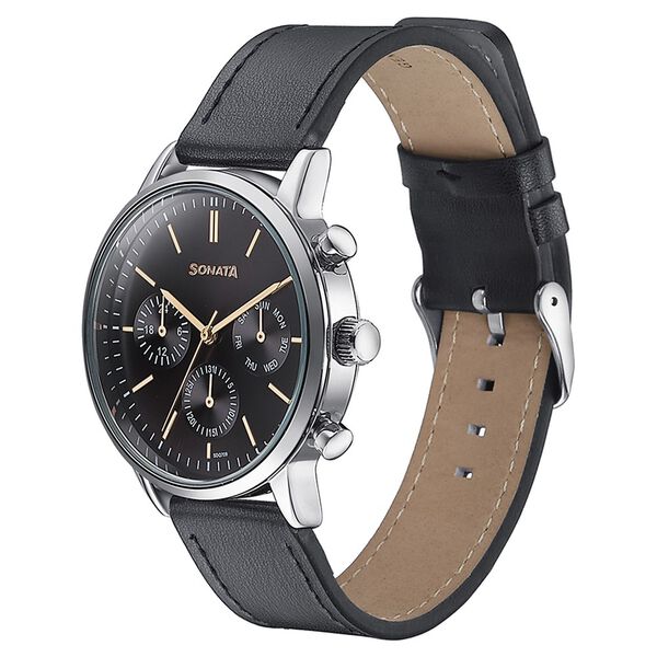 Sonata 77139SL03 Quartz Multifunction Analog Black Dial Black Leather Strap Watch for Men