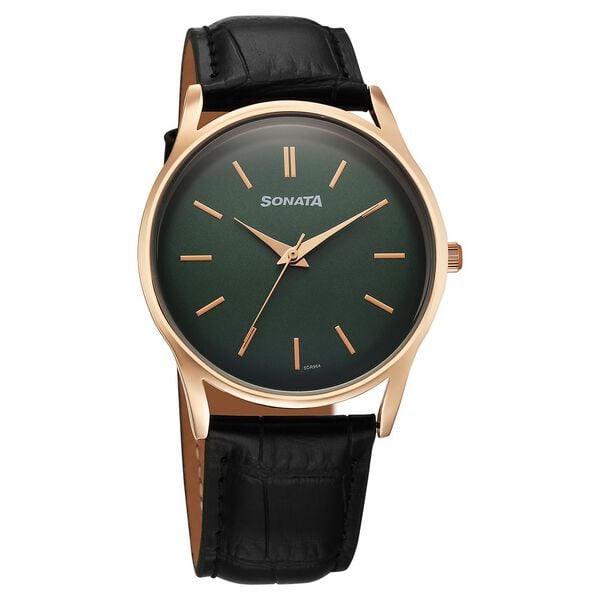 Sonata 77140WL02 Quartz Analog Green Dial Leather Strap Watch for Men