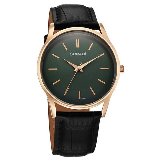 Sonata 77140WL02 Quartz Analog Green Dial Leather Strap Watch for Men
