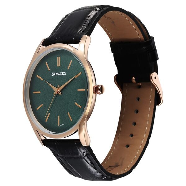 Sonata 77140WL02 Quartz Analog Green Dial Leather Strap Watch for Men