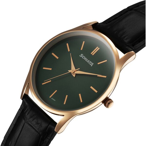 Sonata 77140WL02 Quartz Analog Green Dial Leather Strap Watch for Men