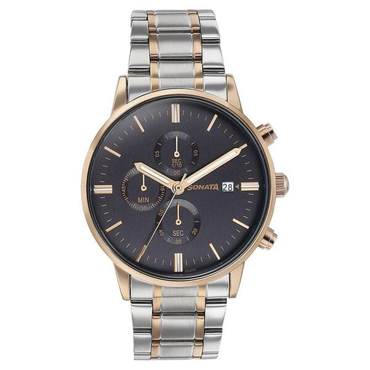 Sonata 77145KM01 Quartz Multifunction Analog Black Dial Two-Toned Stainless Steel Strap Watch for Men
