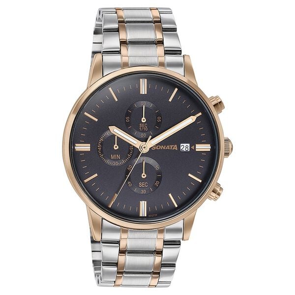Sonata 77145KM01 Quartz Multifunction Analog Black Dial Two-Toned Stainless Steel Strap Watch for Men
