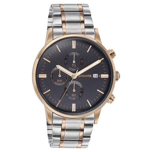 Sonata 77145KM01 Quartz Multifunction Analog Black Dial Two-Toned Stainless Steel Strap Watch for Men
