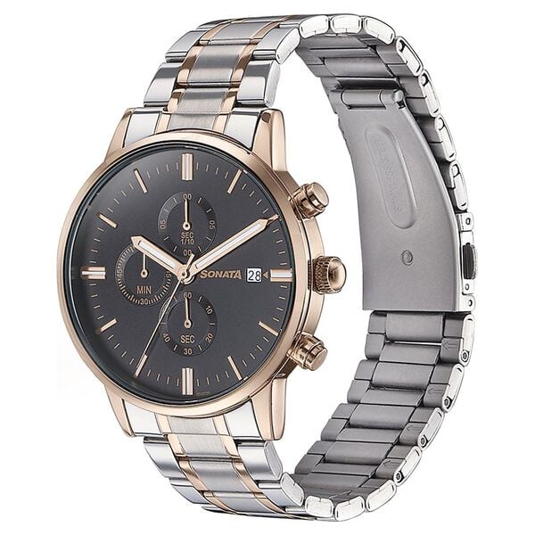 Sonata 77145KM01 Quartz Multifunction Analog Black Dial Two-Toned Stainless Steel Strap Watch for Men