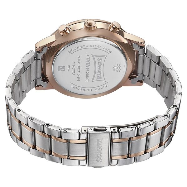 Sonata 77145KM01 Quartz Multifunction Analog Black Dial Two-Toned Stainless Steel Strap Watch for Men