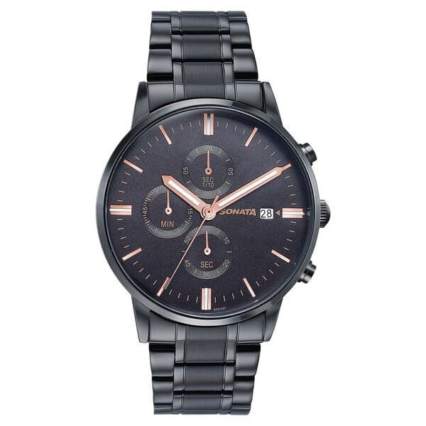 Sonata 77145NM01 Quartz Multifunction Black Dial Stainless Steel Watch for Men