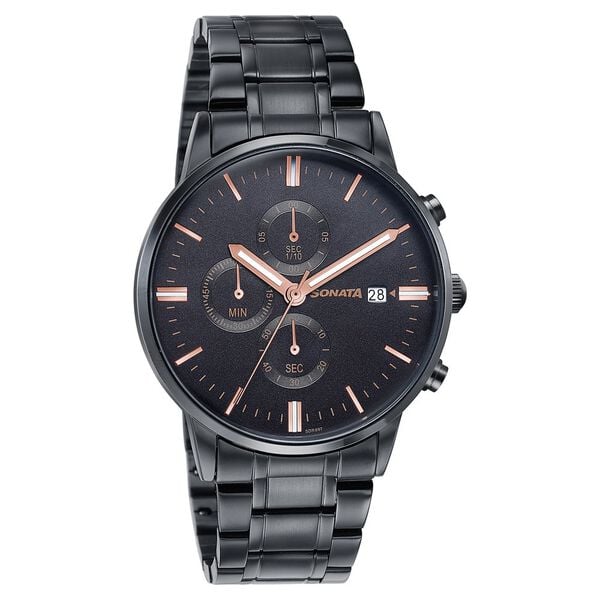 Sonata 77145NM01 Quartz Multifunction Black Dial Stainless Steel Watch for Men