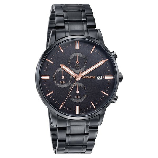 Sonata 77145NM01 Quartz Multifunction Black Dial Stainless Steel Watch for Men