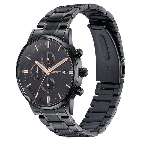 Sonata 77145NM01 Quartz Multifunction Black Dial Stainless Steel Watch for Men