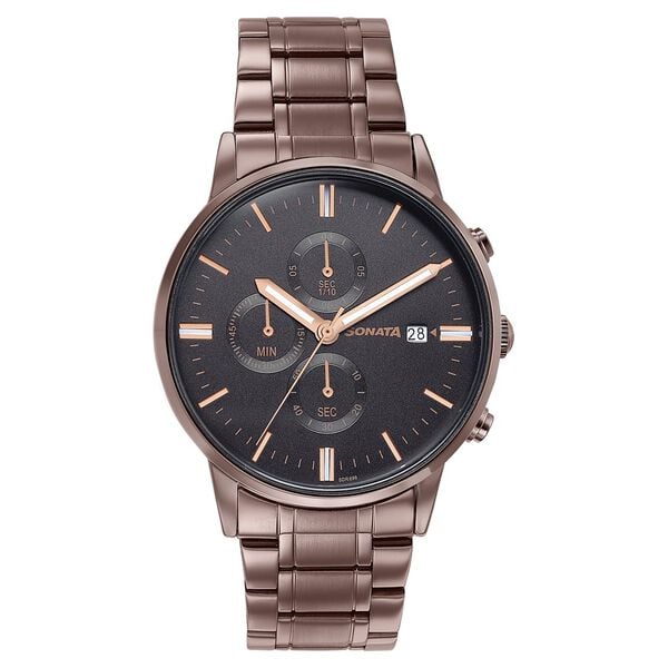Sonata 77145QM01 Quartz Multifunction Black Dial Stainless Steel Watch for Men