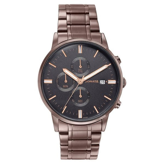 Sonata 77145QM01 Quartz Multifunction Black Dial Stainless Steel Watch for Men