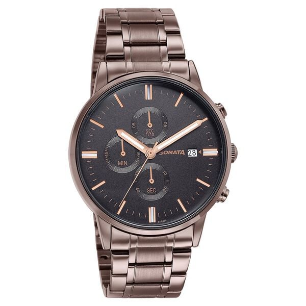 Sonata 77145QM01 Quartz Multifunction Black Dial Stainless Steel Watch for Men