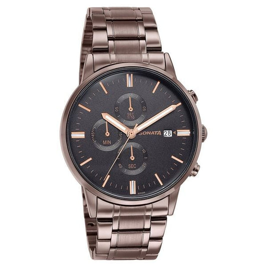 Sonata 77145QM01 Quartz Multifunction Black Dial Stainless Steel Watch for Men