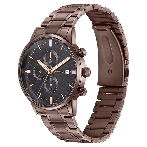 Sonata 77145QM01 Quartz Multifunction Black Dial Stainless Steel Watch for Men