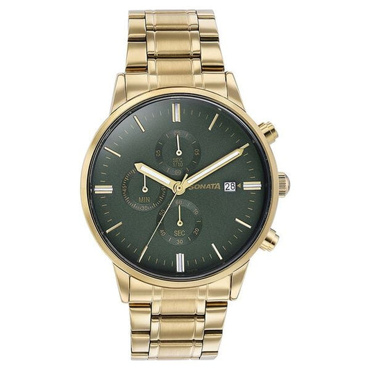 Sonata 77145YM01 Quartz Multifunction Analog Green Dial Golden Stainless Steel Strap Watch for Men