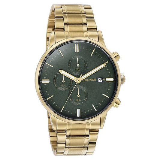 Sonata 77145YM01 Quartz Multifunction Analog Green Dial Golden Stainless Steel Strap Watch for Men