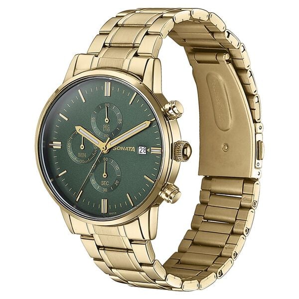 Sonata 77145YM01 Quartz Multifunction Analog Green Dial Golden Stainless Steel Strap Watch for Men