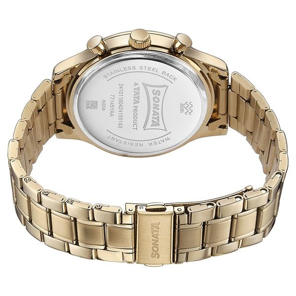 Sonata 77145YM01 Quartz Multifunction Analog Green Dial Golden Stainless Steel Strap Watch for Men