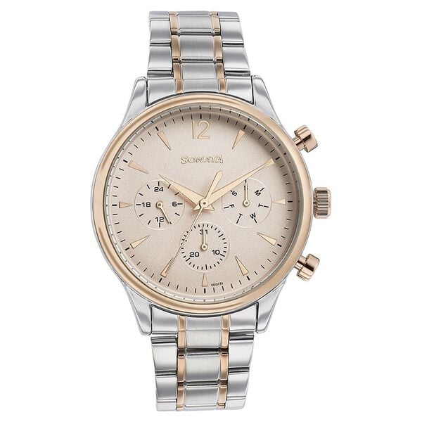 Sonata 77146KM01 Quartz Multifunction Pink Dial Two-Tone Stainless Steel Strap Watch for Men