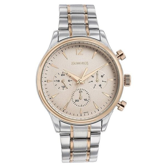 Sonata 77146KM01 Quartz Multifunction Pink Dial Two-Tone Stainless Steel Strap Watch for Men
