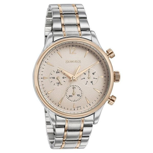 Sonata 77146KM01 Quartz Multifunction Pink Dial Two-Tone Stainless Steel Strap Watch for Men