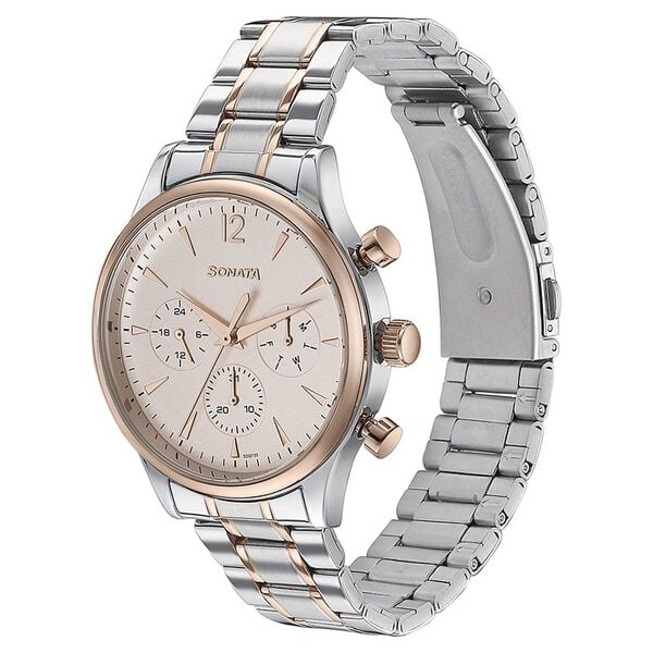 Sonata 77146KM01 Quartz Multifunction Pink Dial Two-Tone Stainless Steel Strap Watch for Men