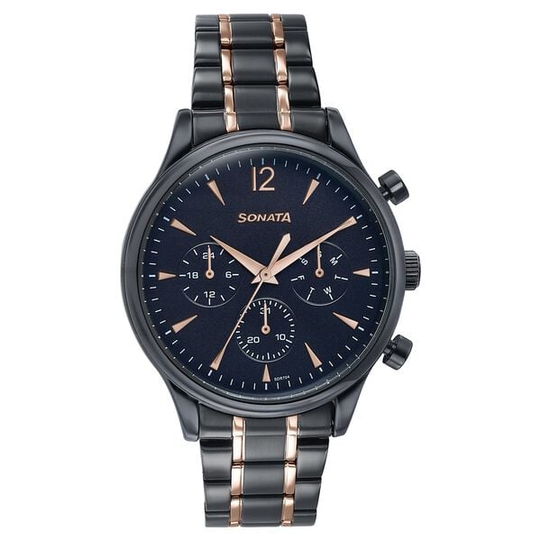 Sonata 77146KM02 Quartz Multifunction Black Dial Stainless Steel Watch for Men