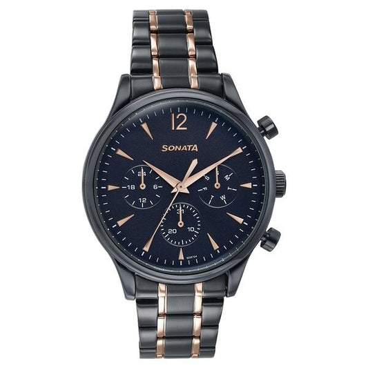 Sonata 77146KM02 Quartz Multifunction Black Dial Stainless Steel Watch for Men