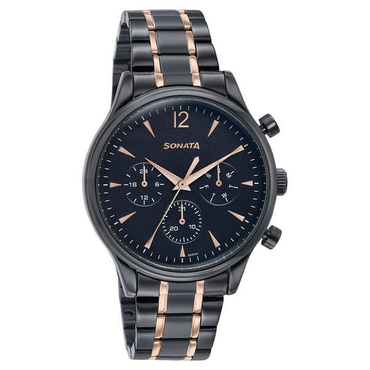 Sonata 77146KM02 Quartz Multifunction Black Dial Stainless Steel Watch for Men