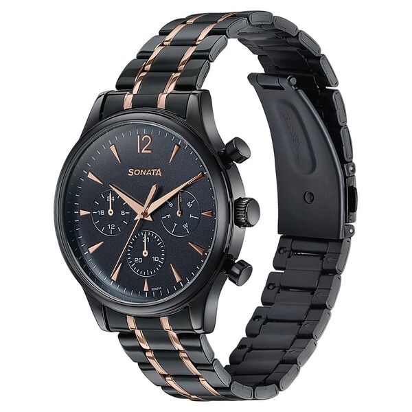 Sonata 77146KM02 Quartz Multifunction Black Dial Stainless Steel Watch for Men