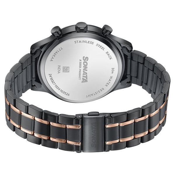 Sonata 77146KM02 Quartz Multifunction Black Dial Stainless Steel Watch for Men