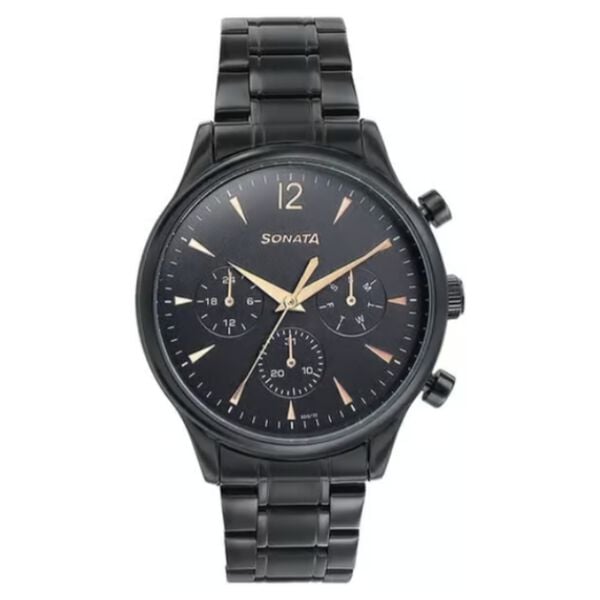 Sonata 77146NM01 Wedding Edit Quartz Analog Multifunction Black Dial Stainless Steel Strap Watch for Men