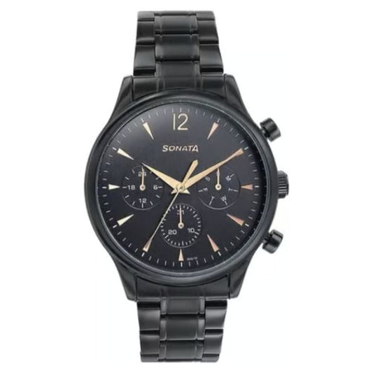 Sonata 77146NM01 Wedding Edit Quartz Analog Multifunction Black Dial Stainless Steel Strap Watch for Men