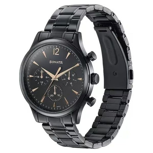 Sonata 77146NM01 Wedding Edit Quartz Analog Multifunction Black Dial Stainless Steel Strap Watch for Men