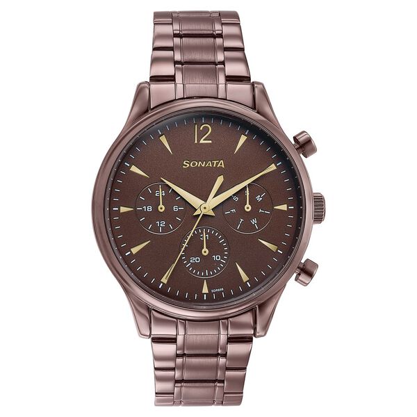 Sonata 77146QM01 Quartz Multifunction Brown Dial Stainless Steel Watch for Men