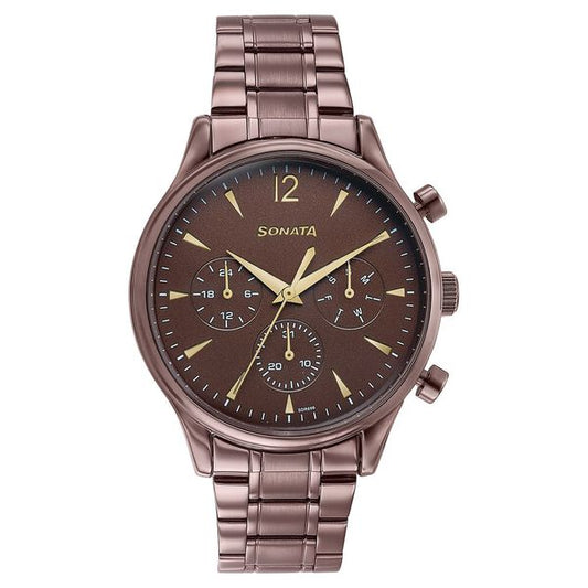 Sonata 77146QM01 Quartz Multifunction Brown Dial Stainless Steel Watch for Men
